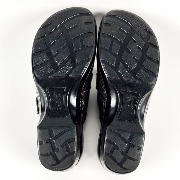 BOC Born Concept Brown Clogs wedge heel brass buckle tooled black straps SZ 8 - Picture 10 of 12